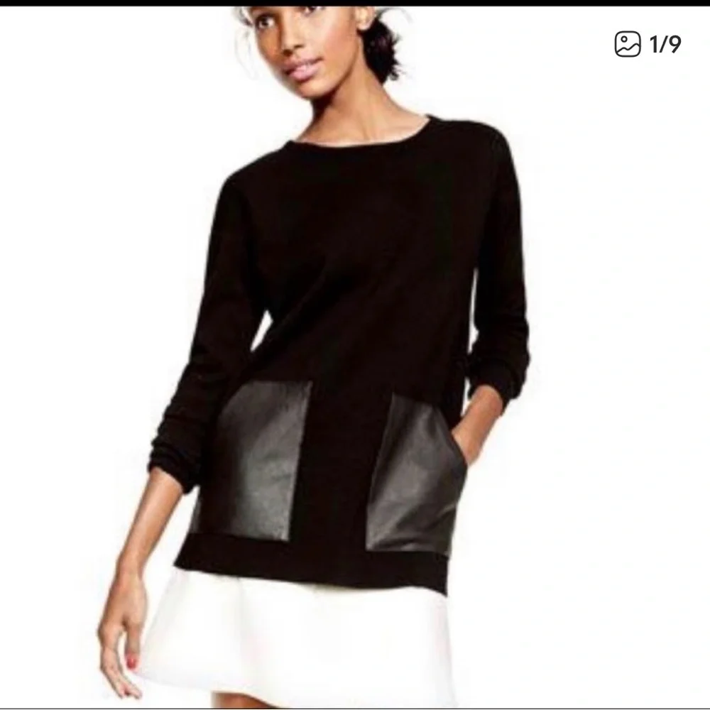 J. Crew Merino Wool Sweater Womens Medium Black Crewneck Leather Pockets